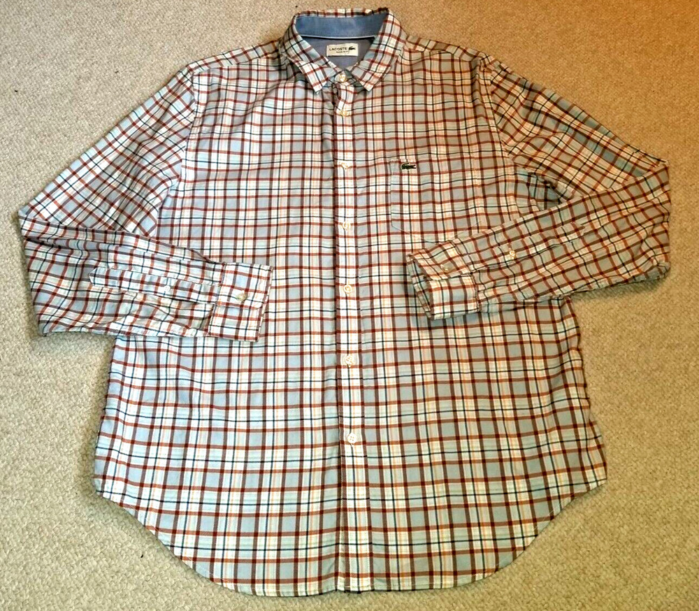 Mens Shirt-LACOSTE-beige/brown plaid 100% cotton flannel "regular fit" ls logo-L